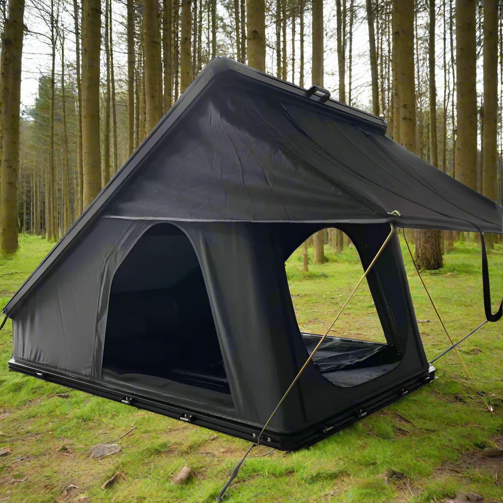 ApexTrek rooftop tent for 4WD set up in a forest, showcasing spacious interior and durable fabric
